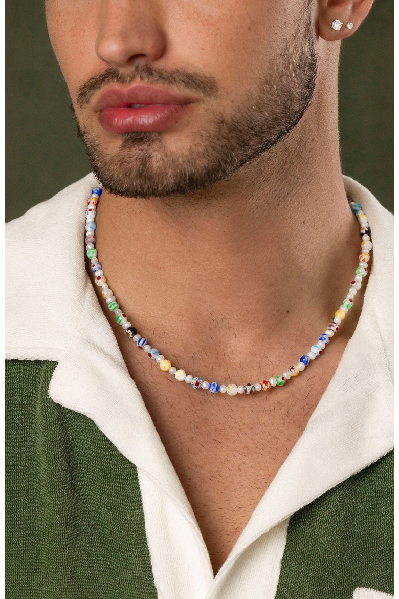 Pearl Necklace with Hand-Painted Glass Beads, Alternate, color, Multicolor