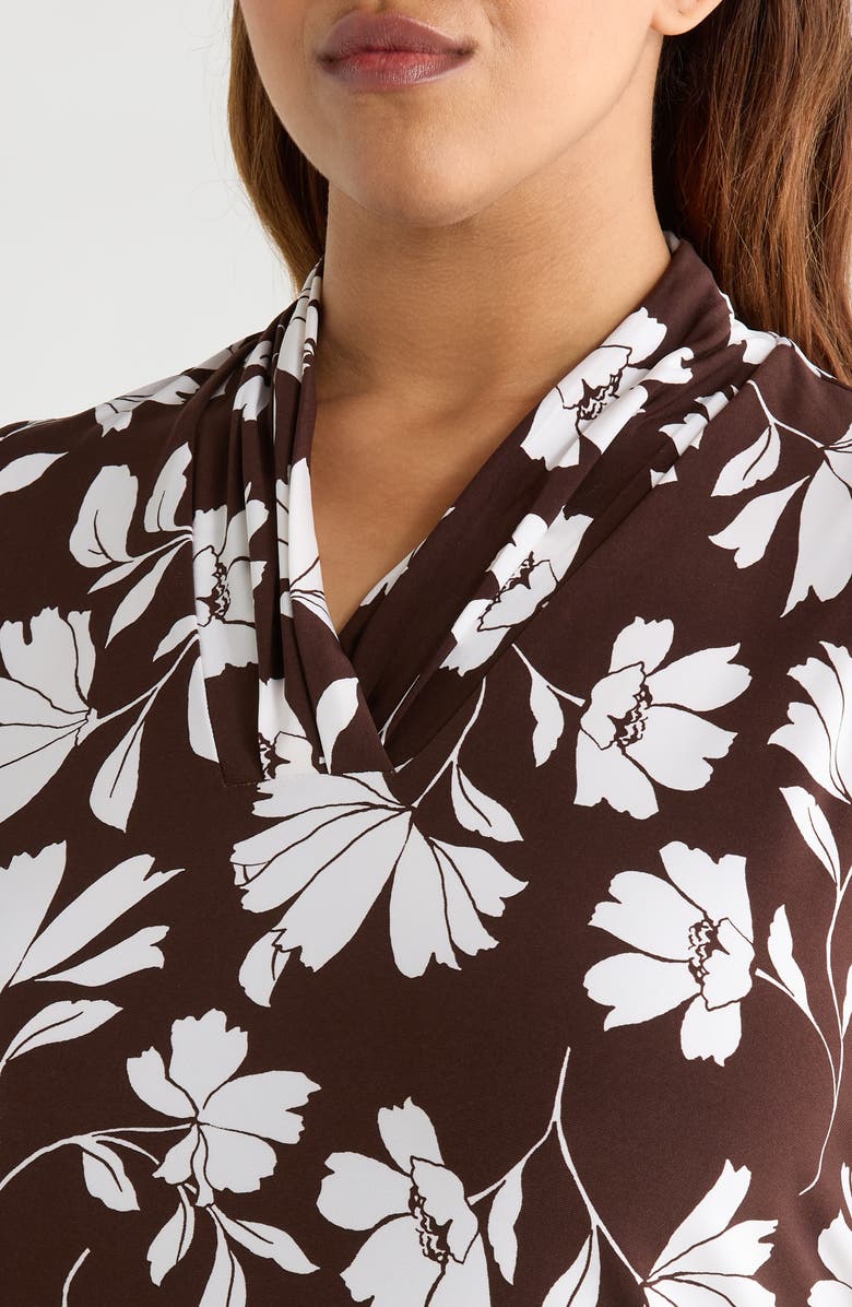 Anne Klein Floral Triple Pleat V-neck Top, Alternate, color, Dark Chocolate/ White Dove