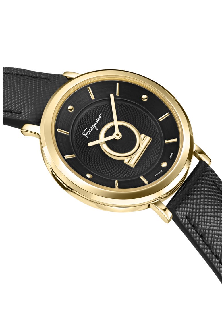 Minuetto Leather Strap Watch, 36mm, Alternate, color, IP YELLOW GOLD