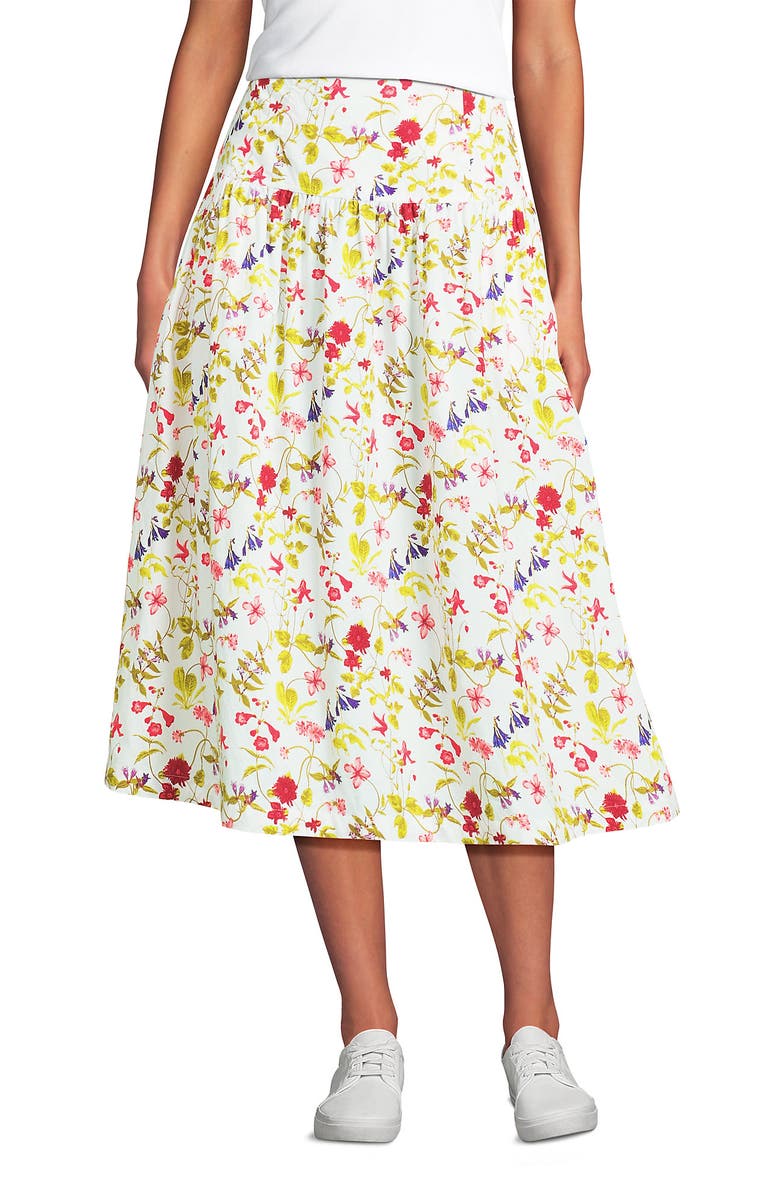 Lands' End Poplin Drop Waist Midi Skirt, Main, color, White Multi Garden Floral