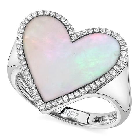 Heart Mother of Pearl & Round Diamond Cocktail Ring 14K