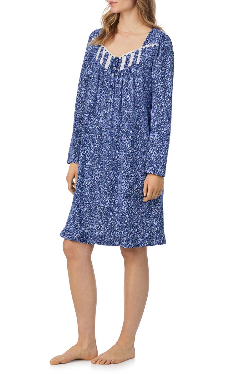Eileen West Long Sleeve Cotton Jersey Short Nightgown, Alternate, color, Blu/ Flor