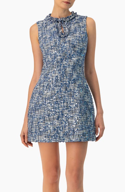 Sleeveless A-Line  Dress with Sequined Boucle Fabric