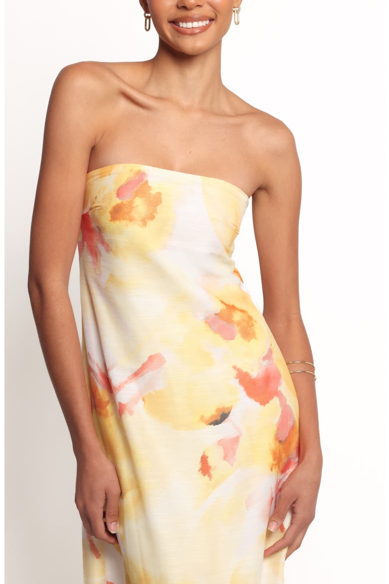 Hydra Strapless Satin Midi Dress, Alternate, color, YELLOW FLORAL
