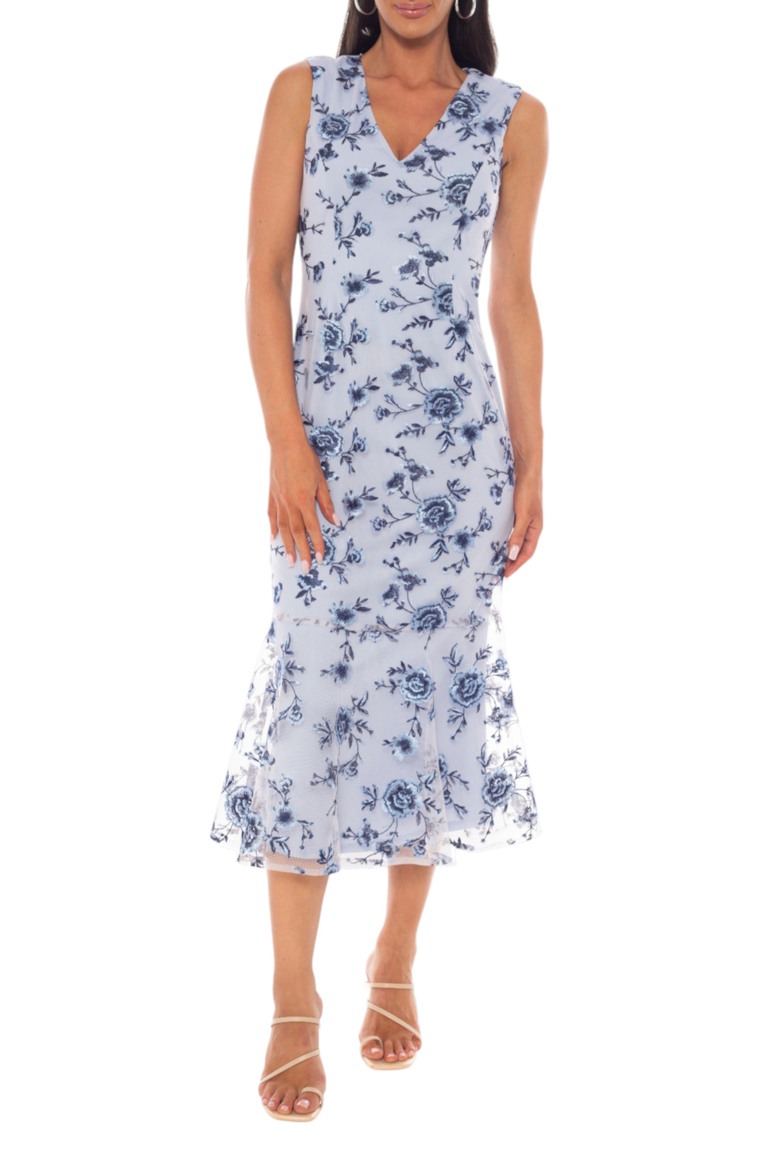 Marina Floral Embroidered Sleeveless Mesh Midi Dress