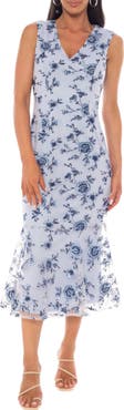 Marina Floral Embroidered Sleeveless Mesh Midi Dress