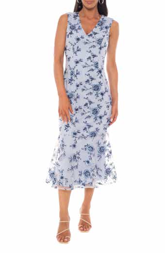 Marina Floral Embroidered Sleeveless Mesh Midi Dress