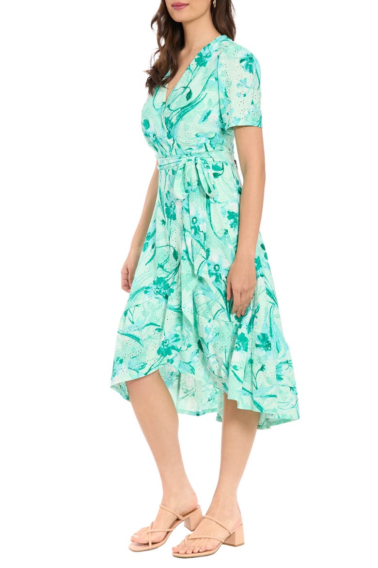 Floral Eyelet Faux Wrap Midi Dress, Alternate, color, LIGHT GREEN/ TEAL