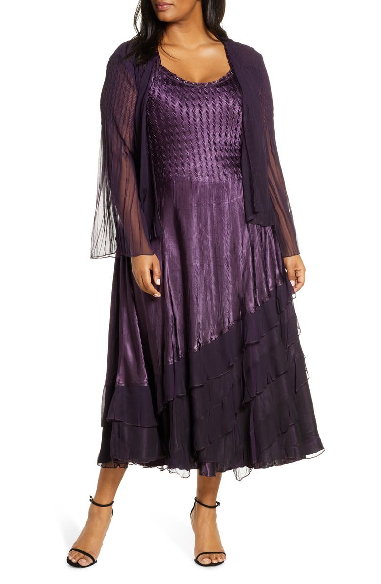 Komarov Ombré Tiered Hem Cocktail Dress with Chiffon Jacket, Main, color,