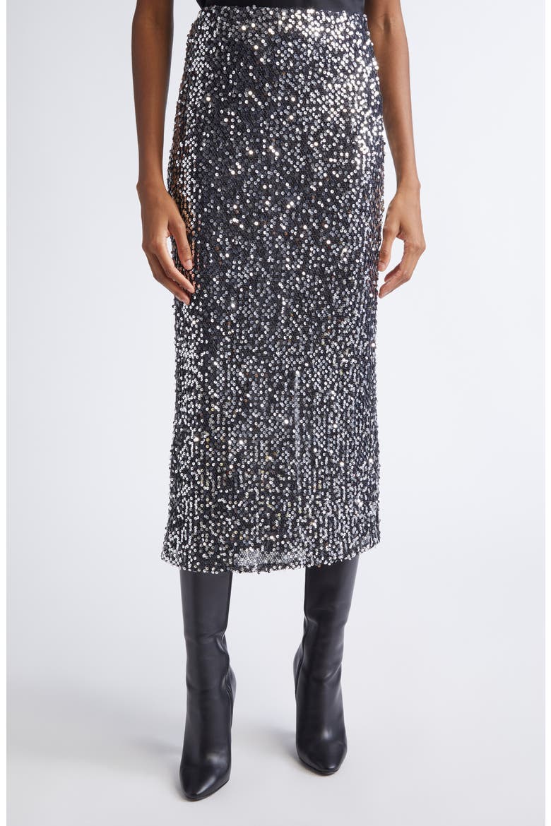 Paillette Embroidered Metallic Mesh Skirt, Main, color, BLACK SILVER