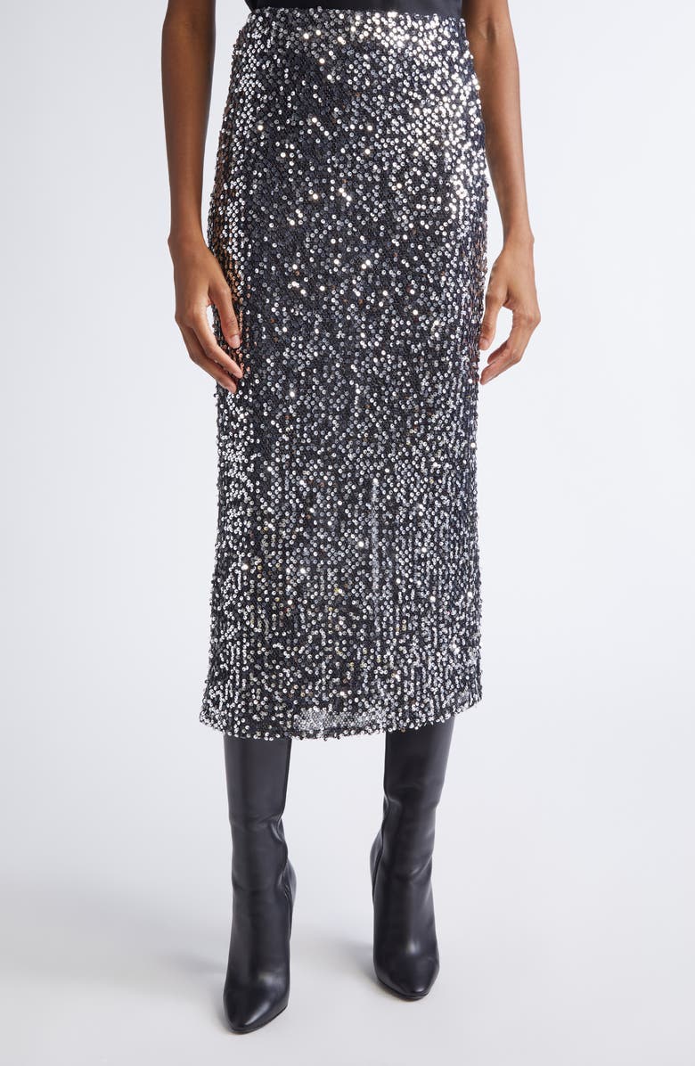 ST. JOHN Paillette Embroidered Metallic Mesh Skirt, Main, color, Black Silver