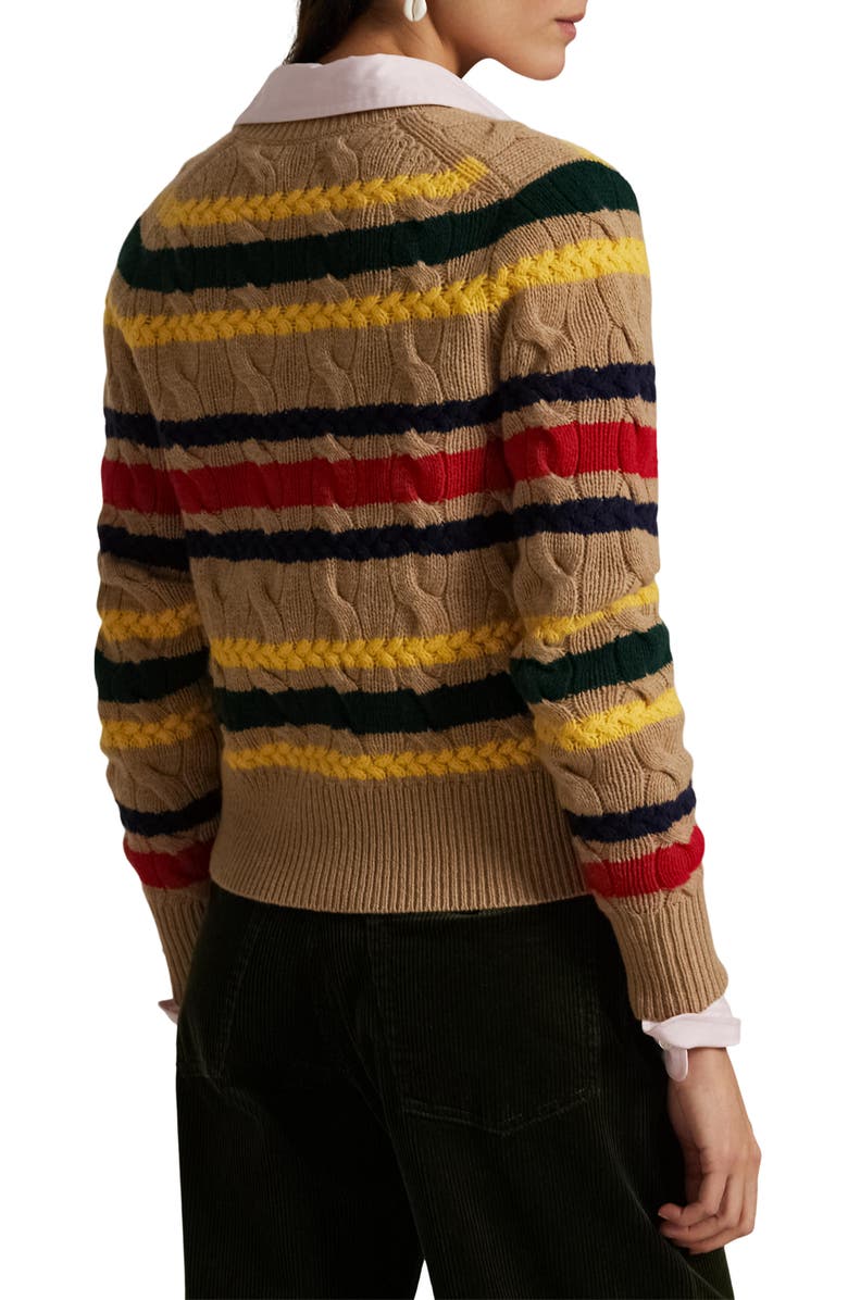 Polo Ralph Lauren Stripe Cable Stitch Wool & Cashmere Cardigan, Alternate, color, Collection Camel Melange Multi