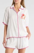 Betsey Johnson Blanket Stitch Embroidered Cabana Button-Up Shirt & Shorts Cover-Up Set