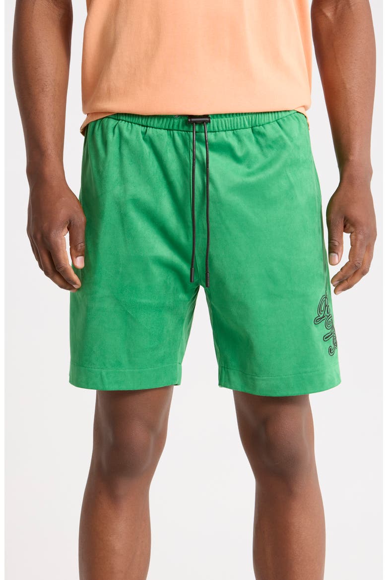 Clyde Drawstring Shorts, Main, color, GREEN SCRIPT LOGO
