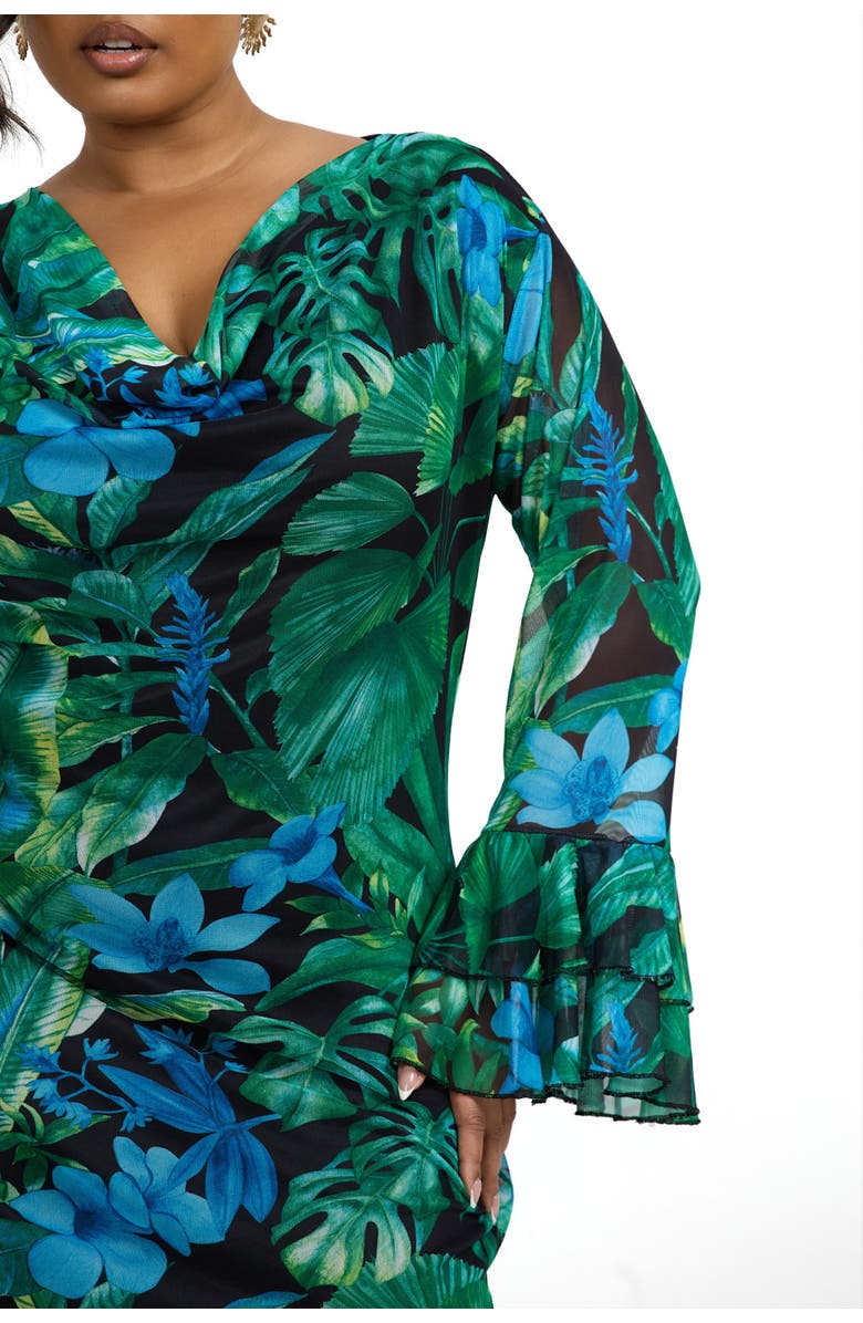 FASHION-SZN CURVE Ruffle Cowl Neck Palm Print Maxi Dress, Alternate, color, Green