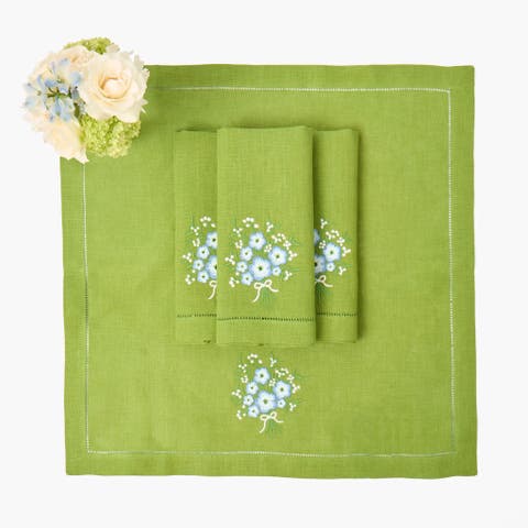 Green Floral Embroidered Linen Napkins (Set of 4)