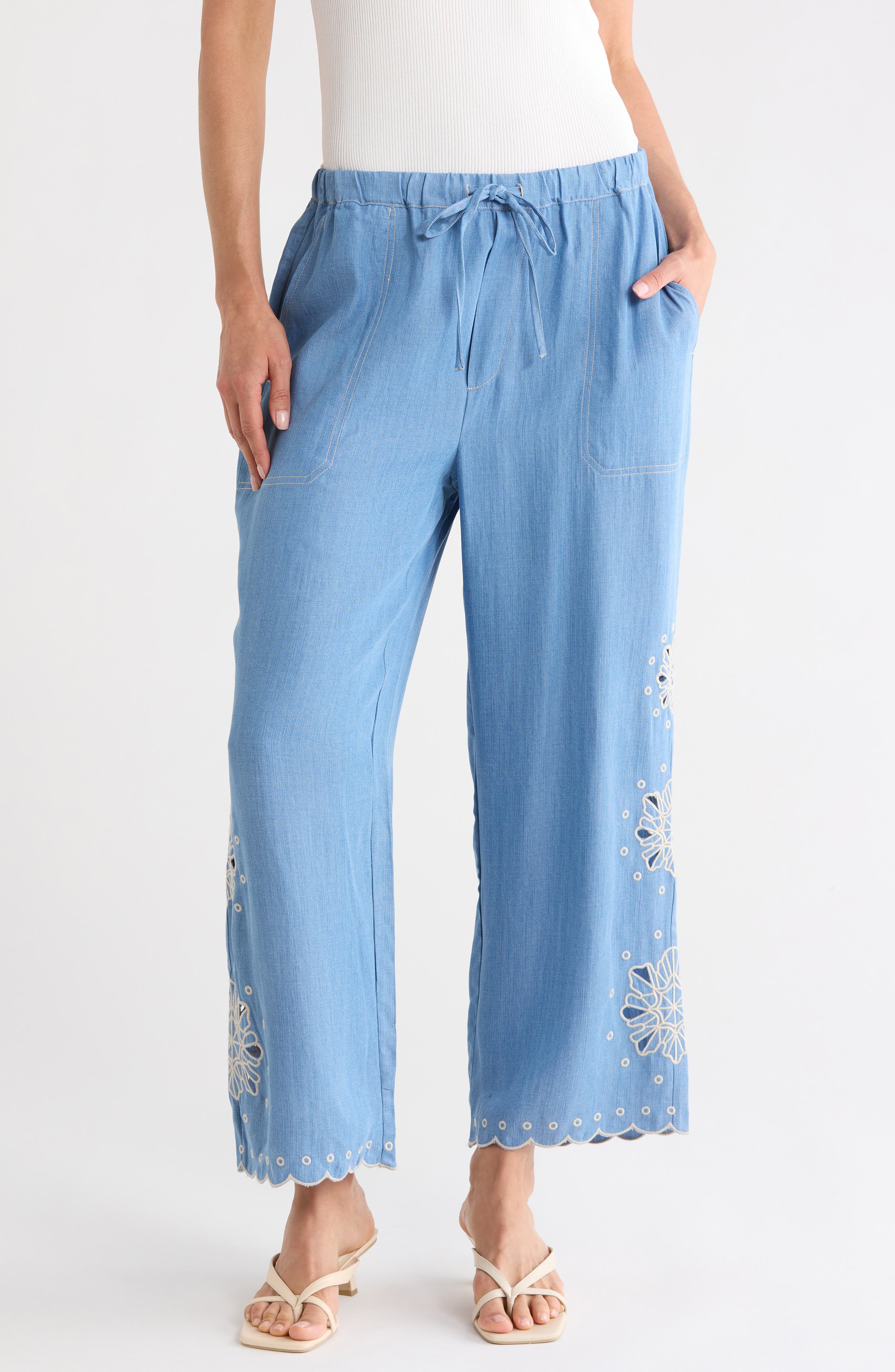 T Tahari Embroidered Eyelet Chambray Pants