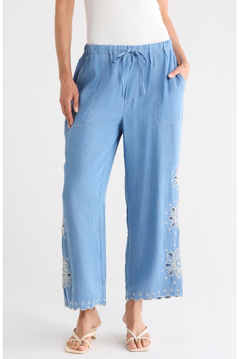 Embroidered Eyelet Chambray Pants, Main, color, WASHED DENIM/ CREAM
