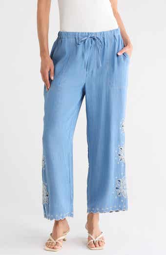 Embroidered Eyelet Chambray Pants