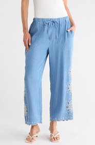 T Tahari Embroidered Eyelet Chambray Pants