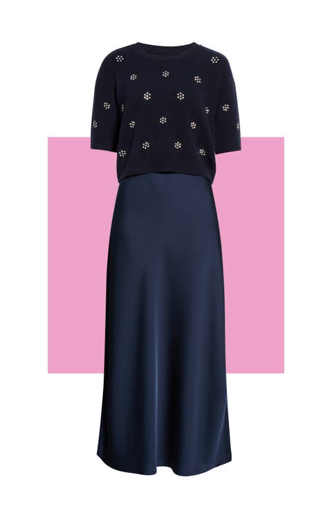 Satin Maxi Slipdress & Short Sleeve Sweater Set