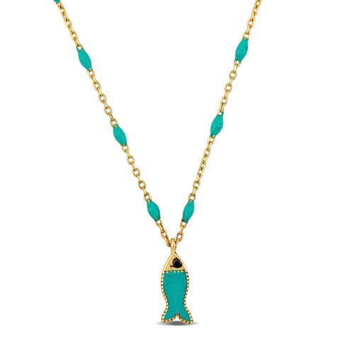 Green Enamel Fish Station Necklace 14K Gold