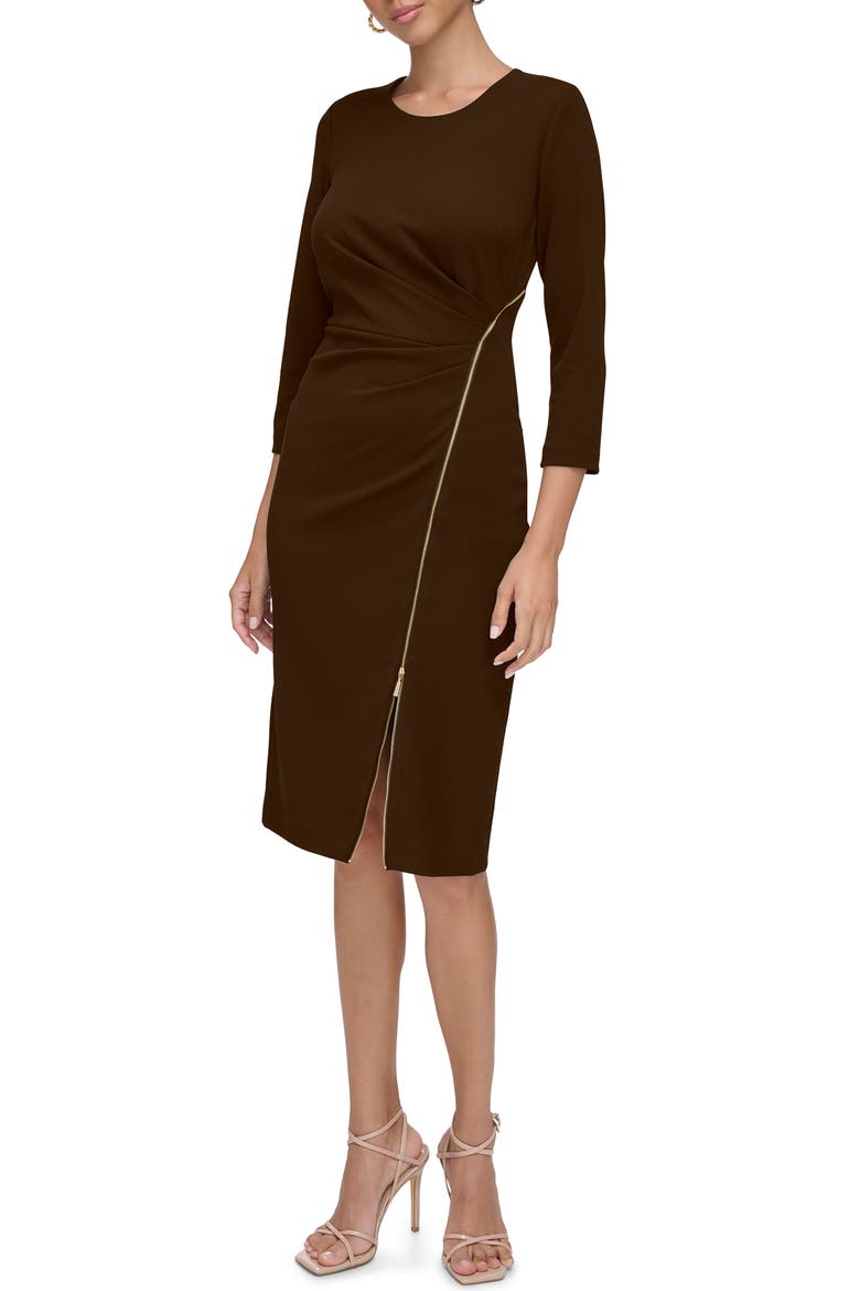 Zip Trim Sheath Dress, Main, color, COFFEE BEAN