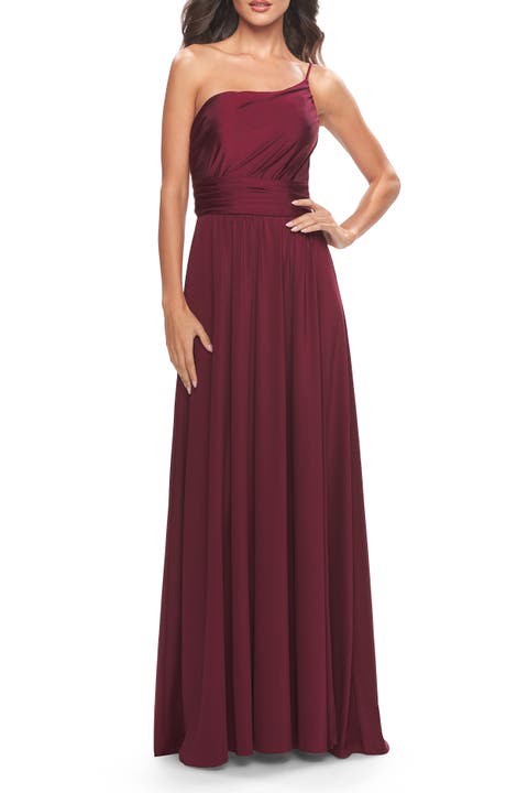 Chic One Shoulder Long Jersey Gown with Defined Waist