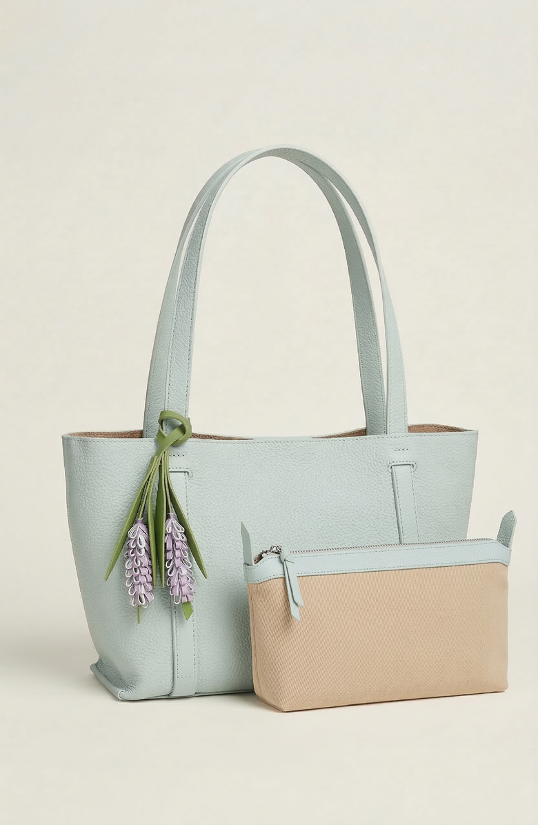 Modenaire Pebbled Leather Tote Bag with Removable Pouch and Charm, Alternate, color, Blue