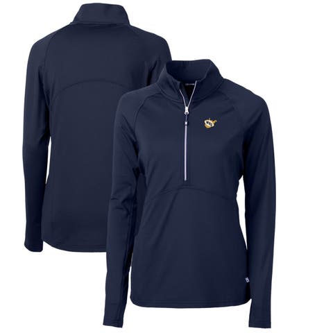 Women's Cutter & Buck Navy West Virginia Mountaineers Adapt Eco Knit Stretch Recycled Half-Zip Pullover Top