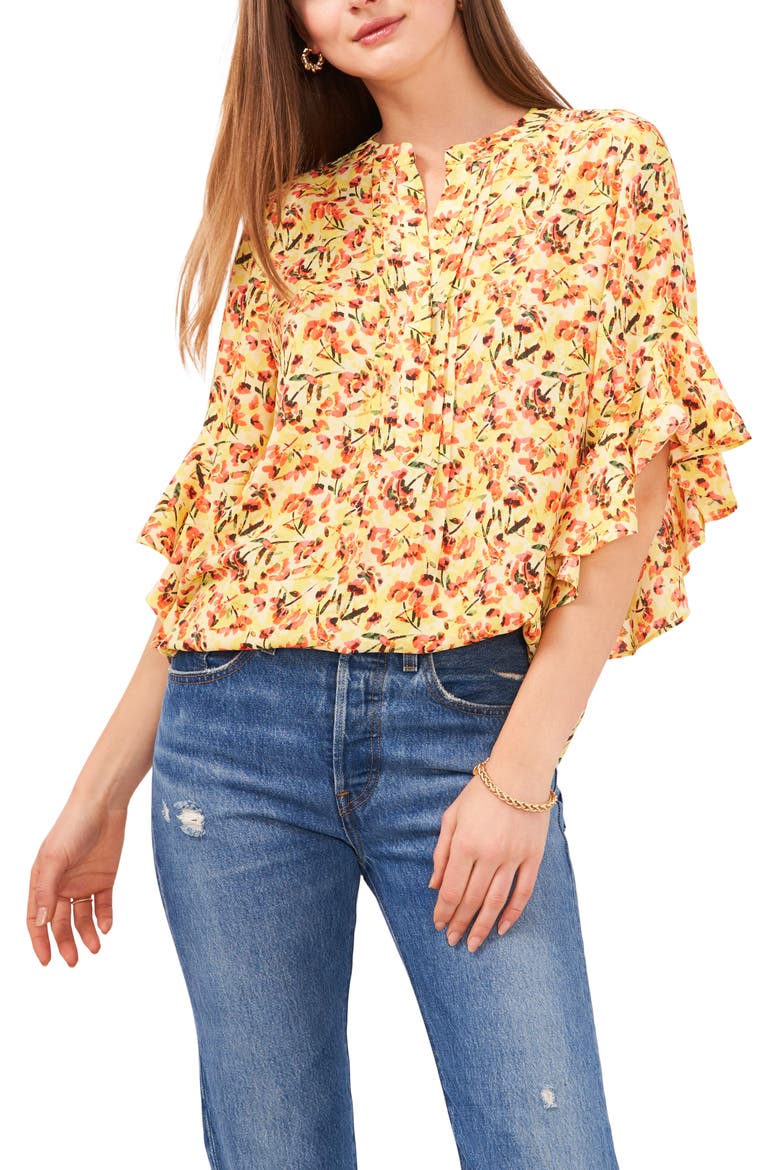 Floral Ruffle Sleeve Top, Main, color, YELLOW
