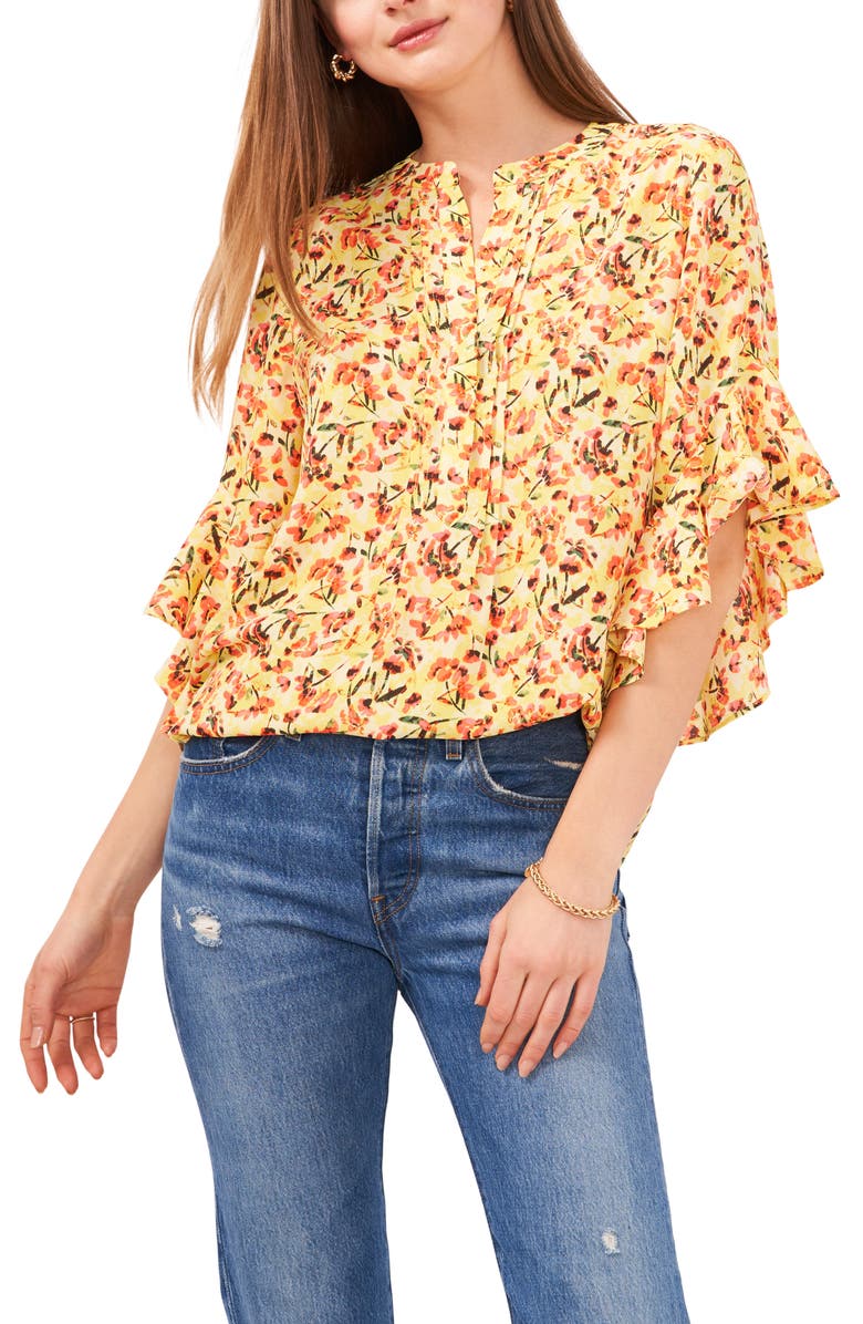 Vince Camuto Floral Ruffle Sleeve Top, Main, color,