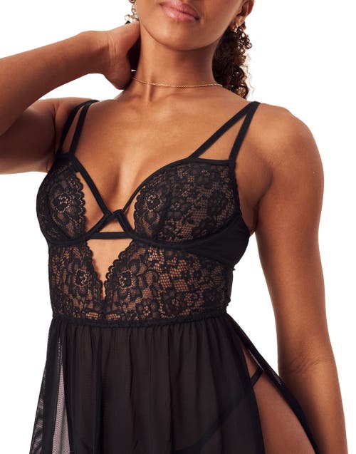Adore Me Rae Unlined Babydoll & G-string Set Lingerie In Black