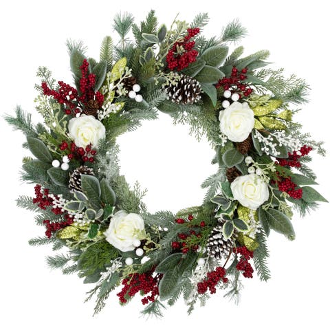 Real Touch️ Mixed Foliage And Roses Artificial Christmas Wreath 30" - Unlit