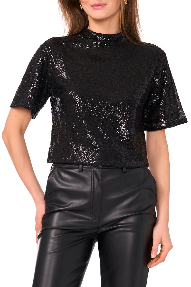Sequin Mesh Short Sleeve Top, Main, color, RICH BLACK