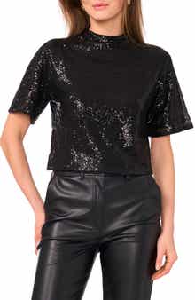 Vince Camuto Sequin Mesh Short Sleeve Top