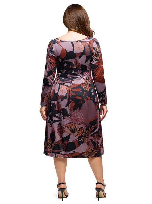 24seven Comfort Apparel Long Sleeve Midi Dress Floral Print In Gray