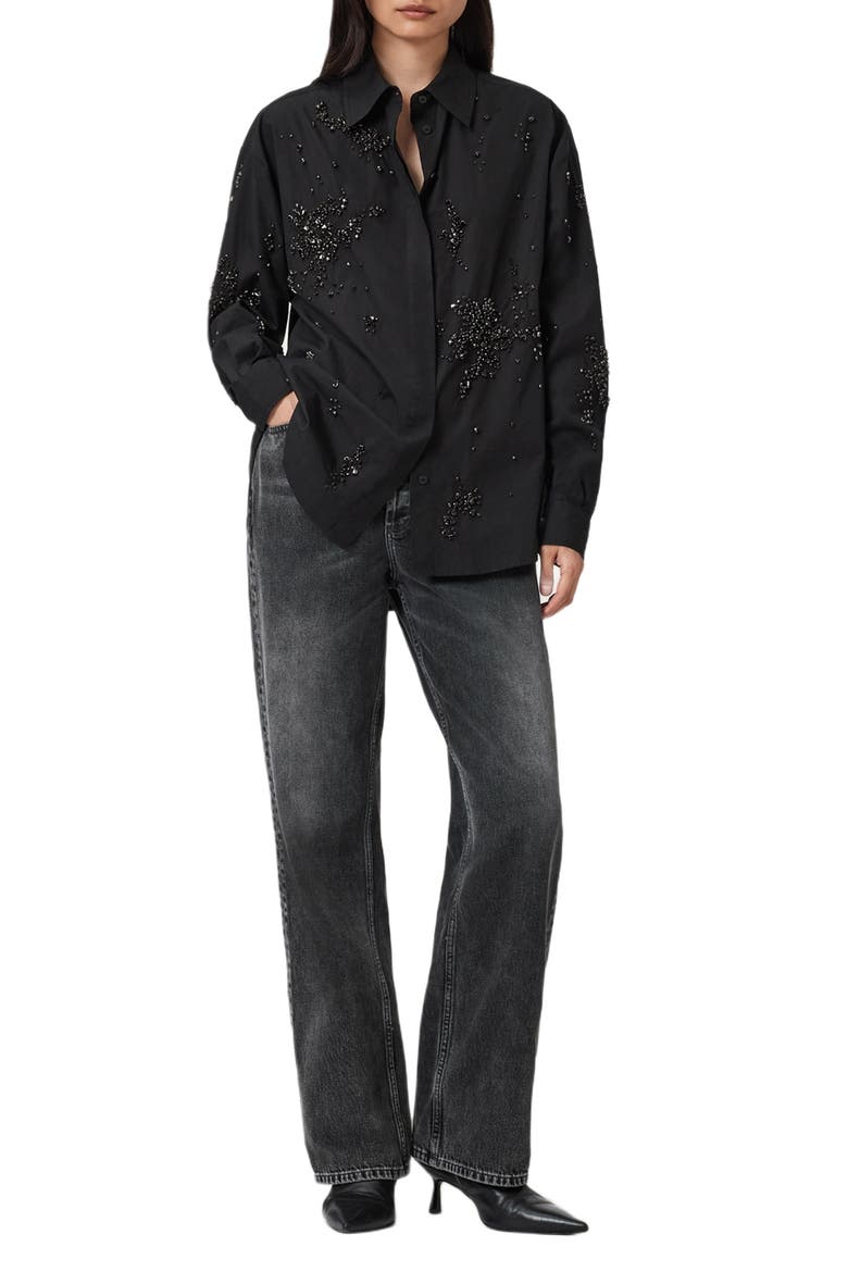 Gemi Bead Detail Cotton Button-Up Shirt, Alternate, color, BLACK