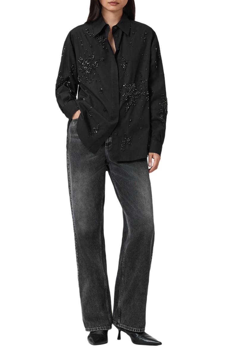 AllSaints Gemi Bead Detail Cotton Button-Up Shirt, Alternate, color, Black