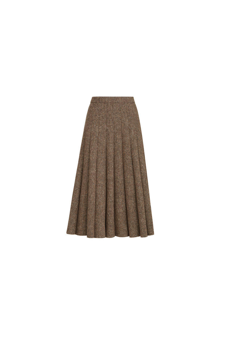 Virgin wool donegal pleated skirt, Alternate, color, Light Brown