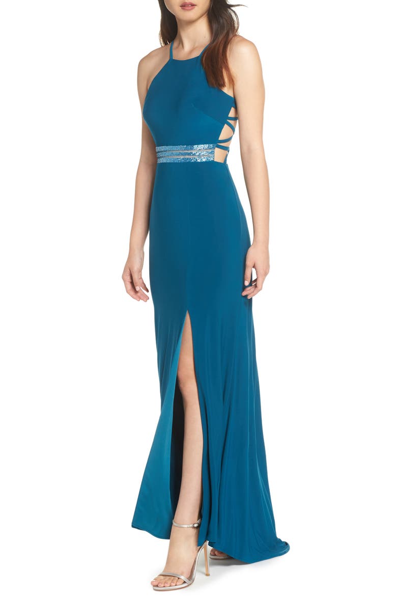 Beaded Mesh Halter Gown, Main, color, SPRUCE