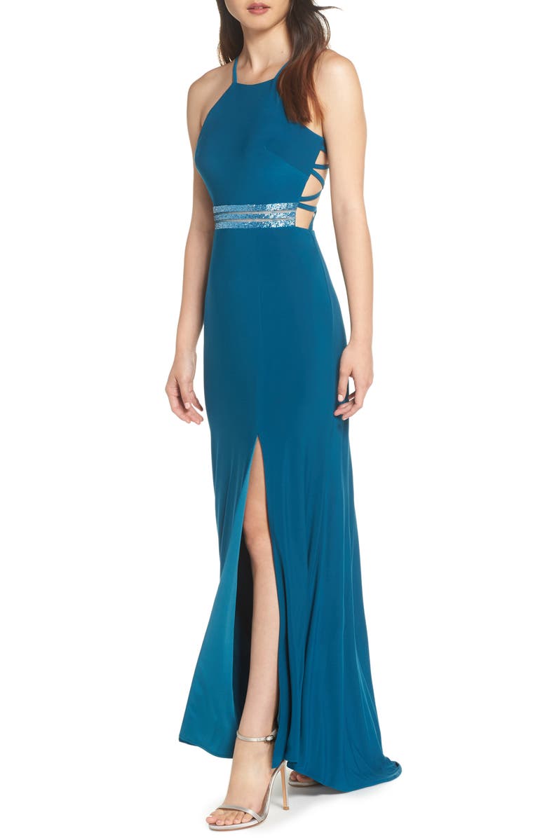 Morgan & Co. Beaded Mesh Halter Gown, Main, color, 