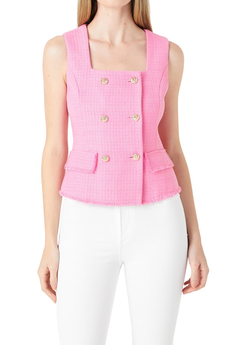 Fringe Double Breasted Sleeveless Tweed Top, Alternate, color, PINK