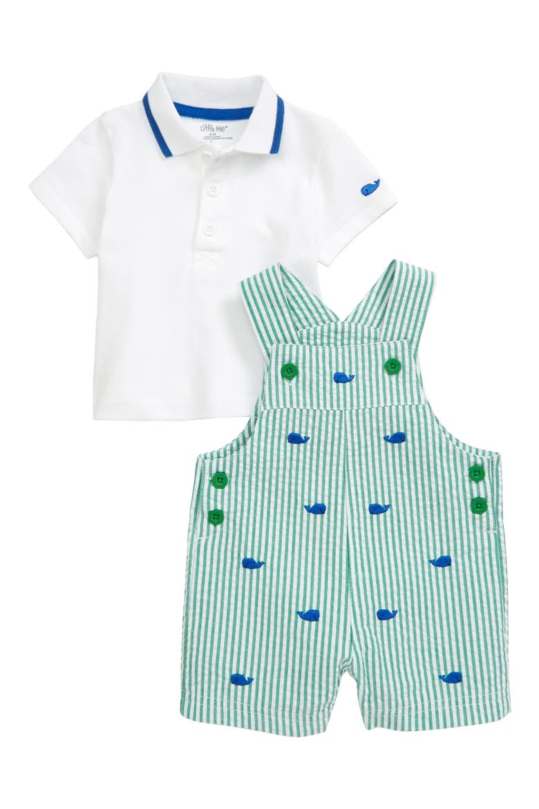 Whale Polo & Seersucker Shortalls Set, Main, color, GREEN