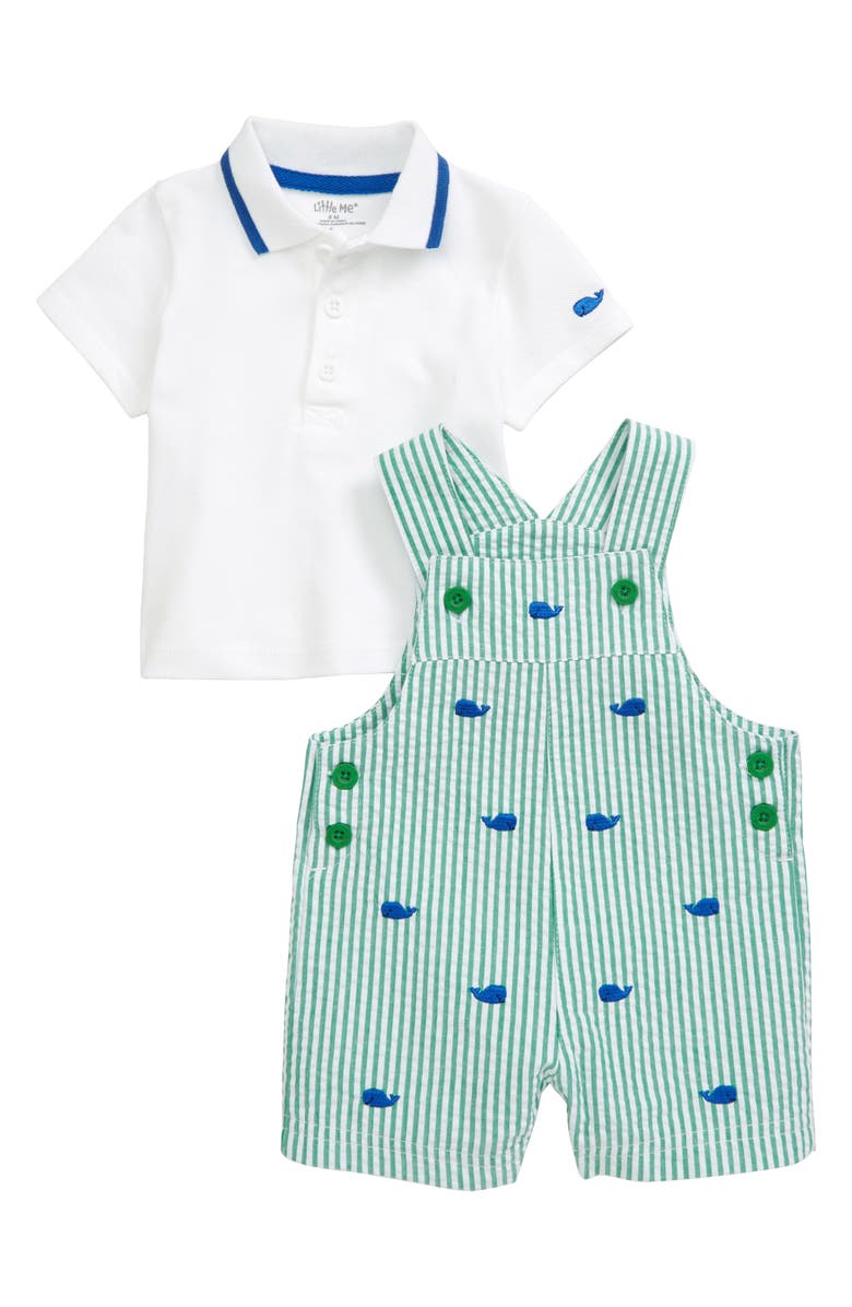 Little Me Whale Polo & Seersucker Shortalls Set, Main, color,