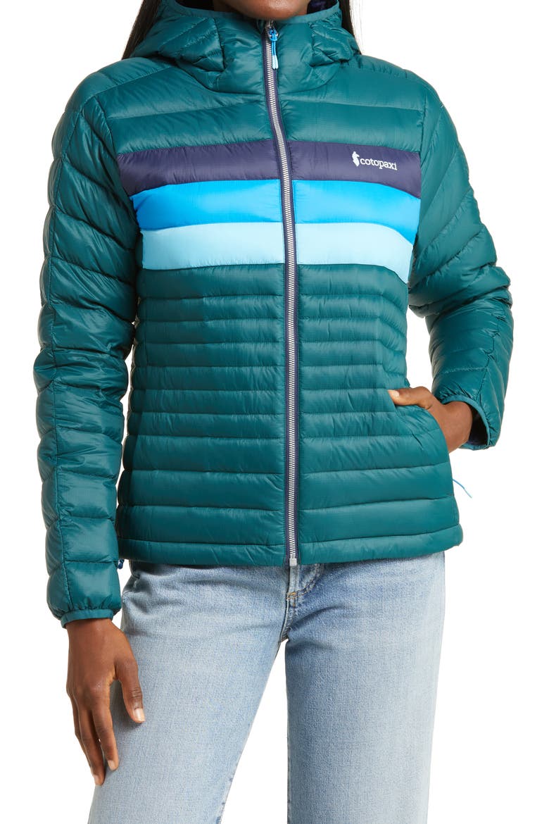 Fuego 800 Fill Power Down Hooded Jacket, Alternate, color, DEEP OCEAN STRIPES