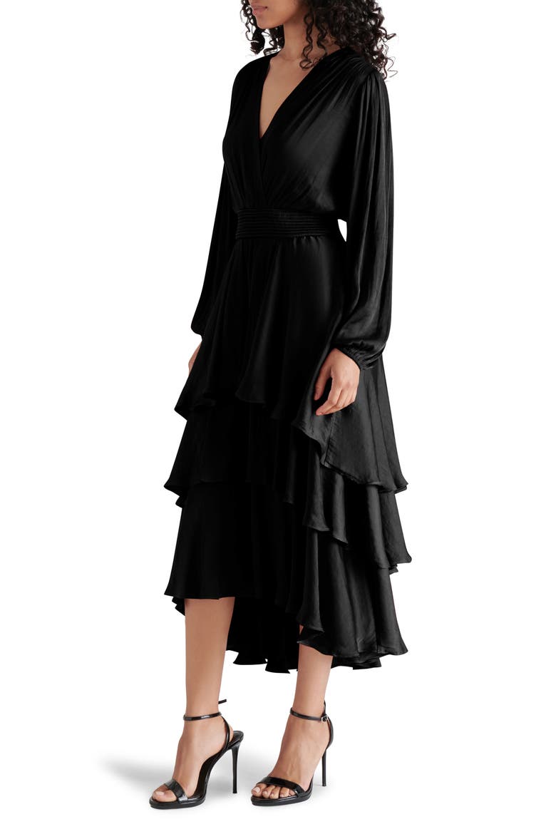 Bei Long Sleeve Tiered Satin Midi Dress, Alternate, color, BLACK