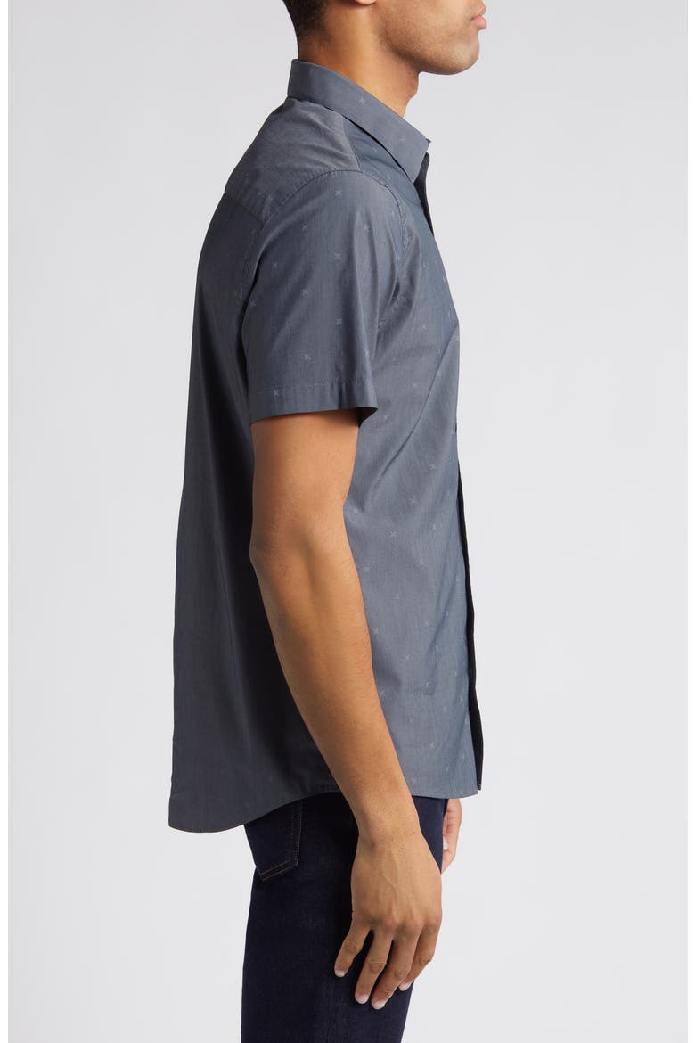 Across the Pond Geo Print Short Sleeve Stretch Button-Up Shirt, Alternate, color, HEATHER BLACK