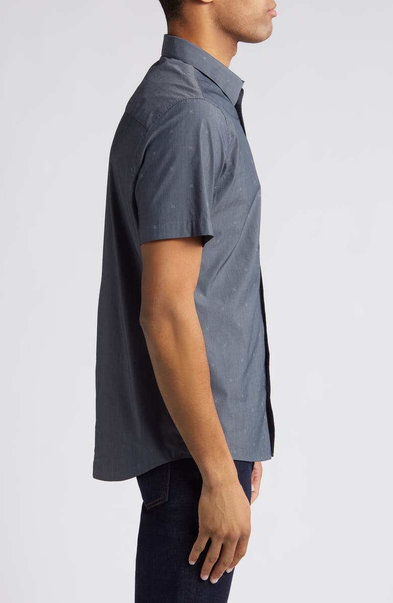 TravisMathew Across the Pond Geo Print Short Sleeve Stretch Button-Up Shirt, Alternate, color, Heather Black