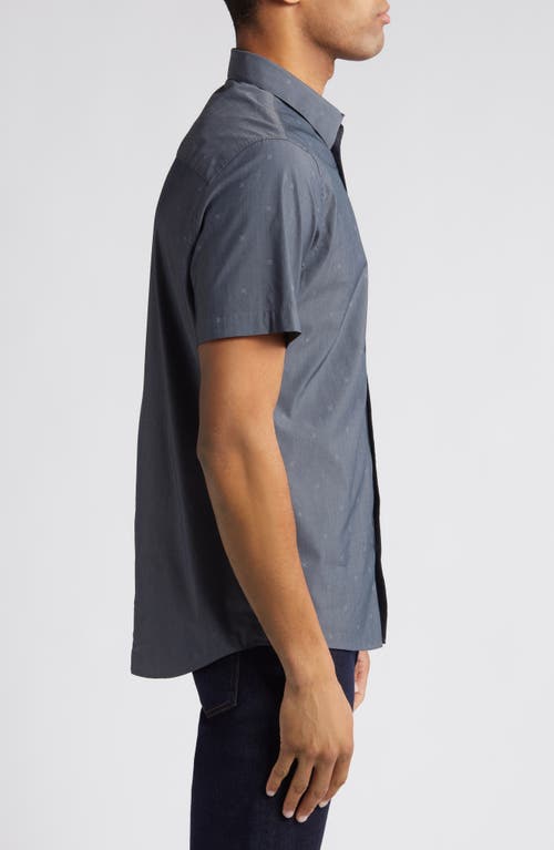 Travismathew Across The Pond Geo Print Short Sleeve Stretch Button-up Shirt In Heather Black